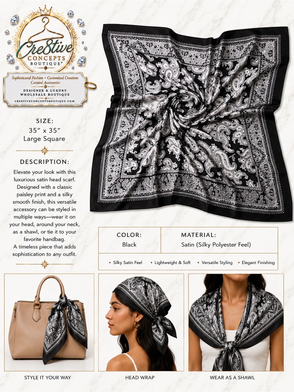 Paisley Luxurious, Satin Handbag/Shawl or Scarf Silky Square Versatile-Black